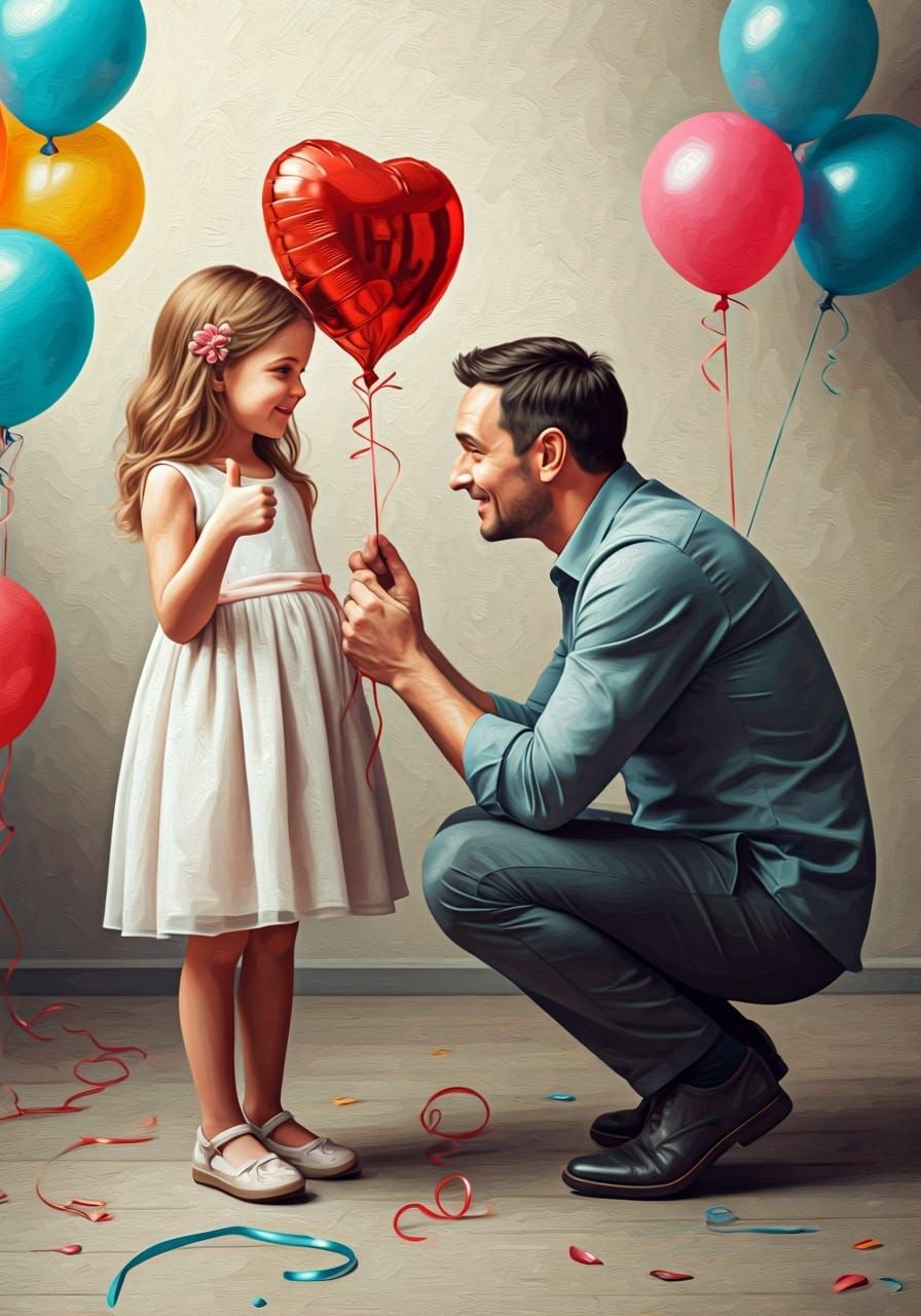 A father gives a balloon to his daughter.