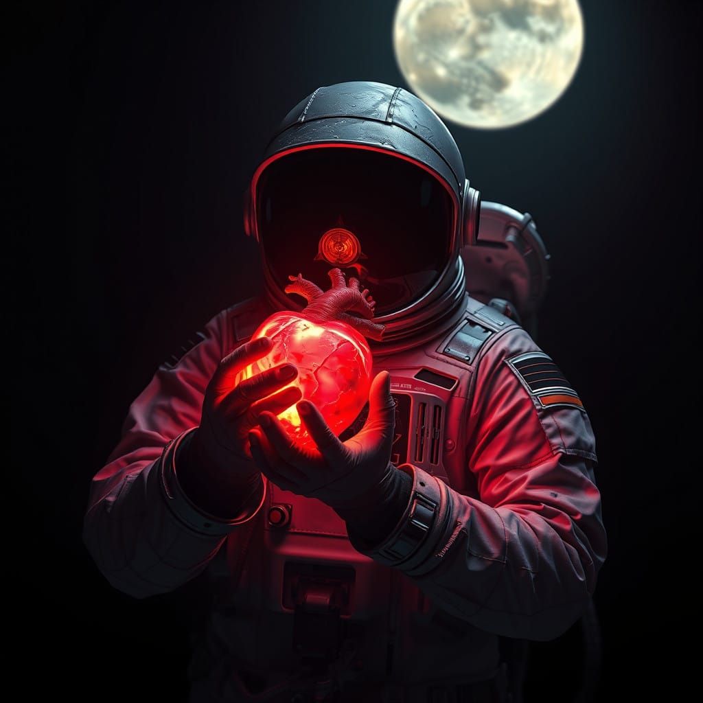 Cosmic Explorer Holds Glowing Heart Afloat in Moonlit Darkne...