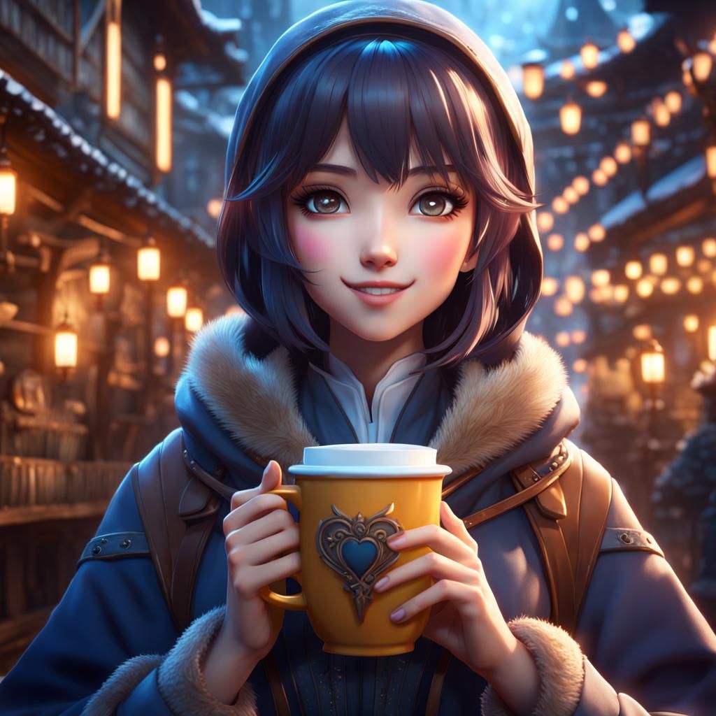 Cute Anime Girl with Coffee Mug Digital Art