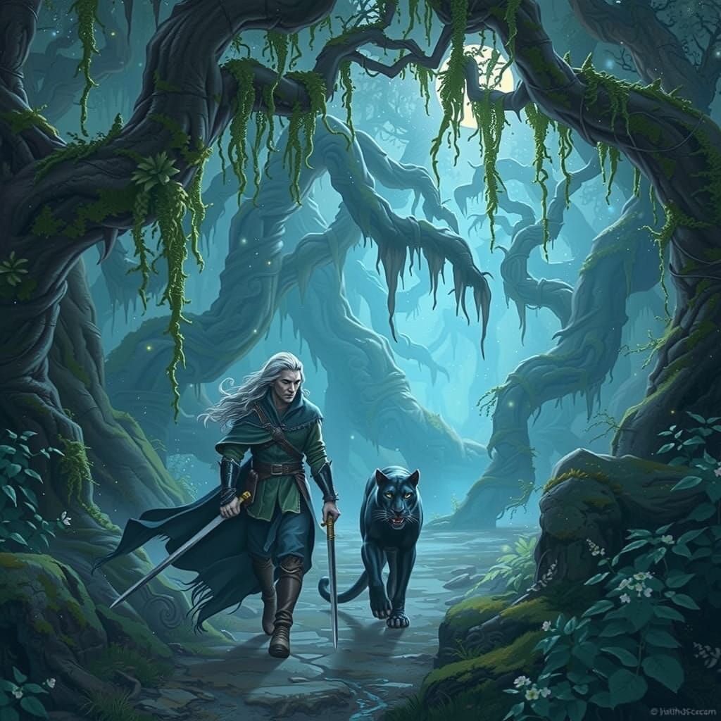 Mystical Forest Walk with Dark Elf in Fantasy Art Style