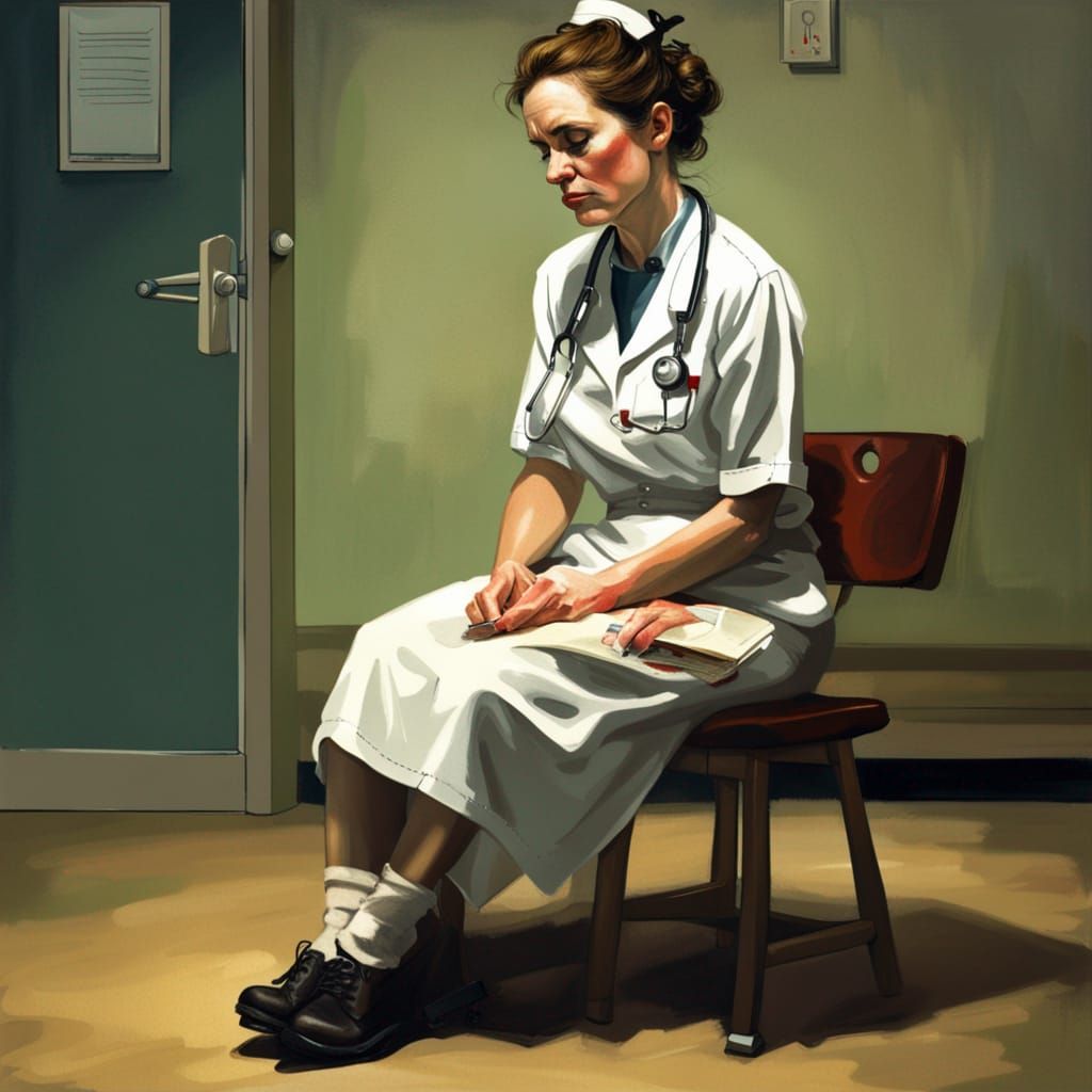 Sad Nurse in Hospital, Rockwell Style Painting