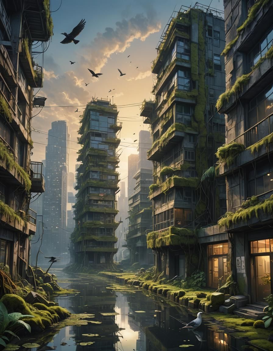 Abandoned City Submerged in Vegetation at Sunrise