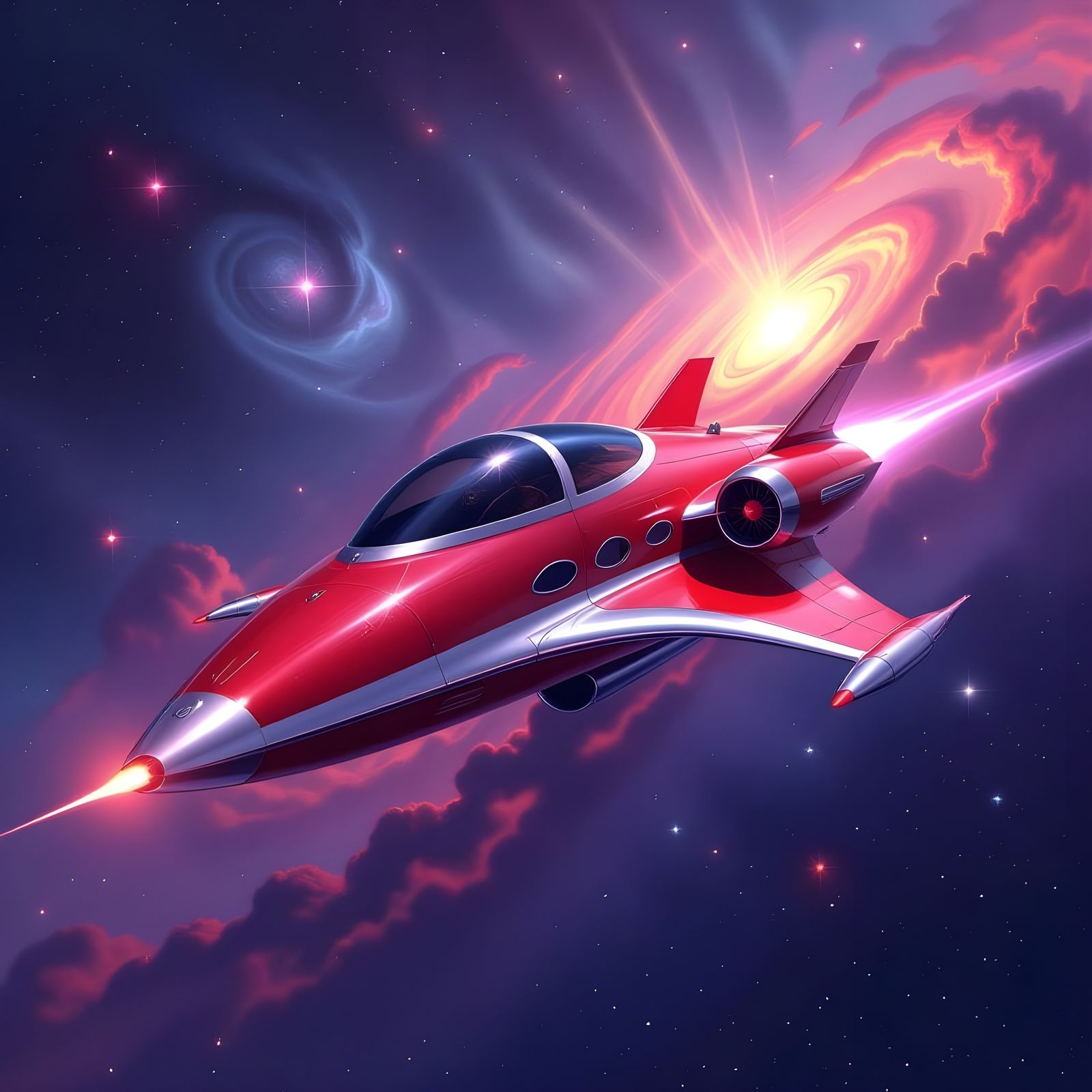 Blood Ruby Red Royal Spacecraft in Cosmic Flight