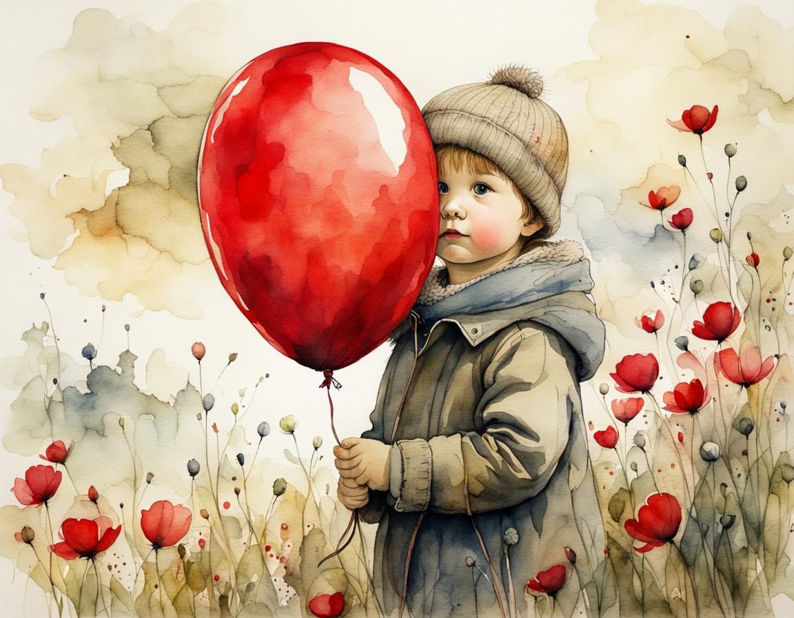 Child with Red Balloon in Watercolor Style