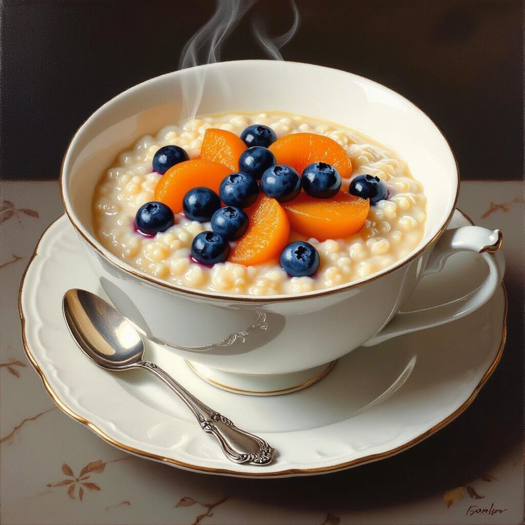 Porridge Still Life with Fruit and Silver Spoon