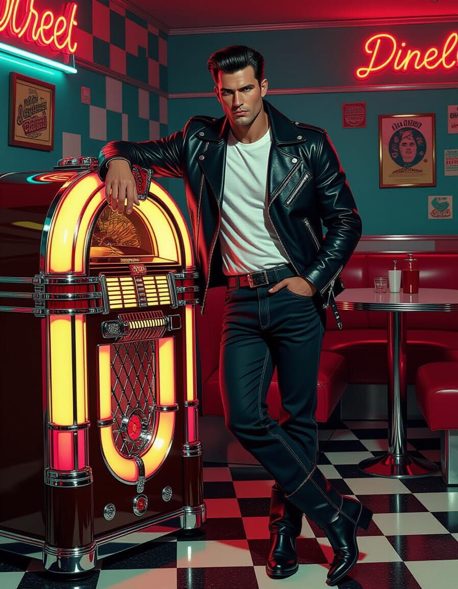 Confident Man in Diner, Lowbrow Art Style