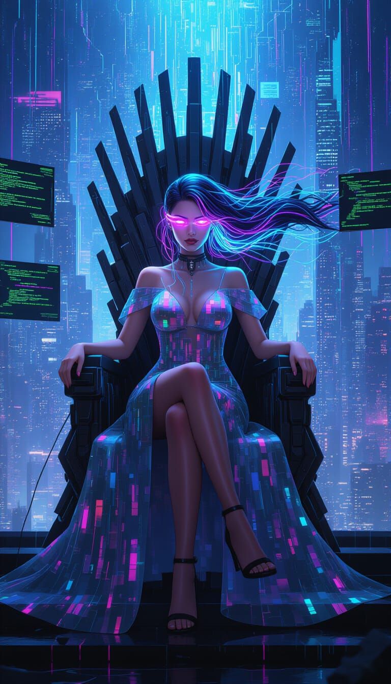 Cyberpunk Queen on a Hologram Throne