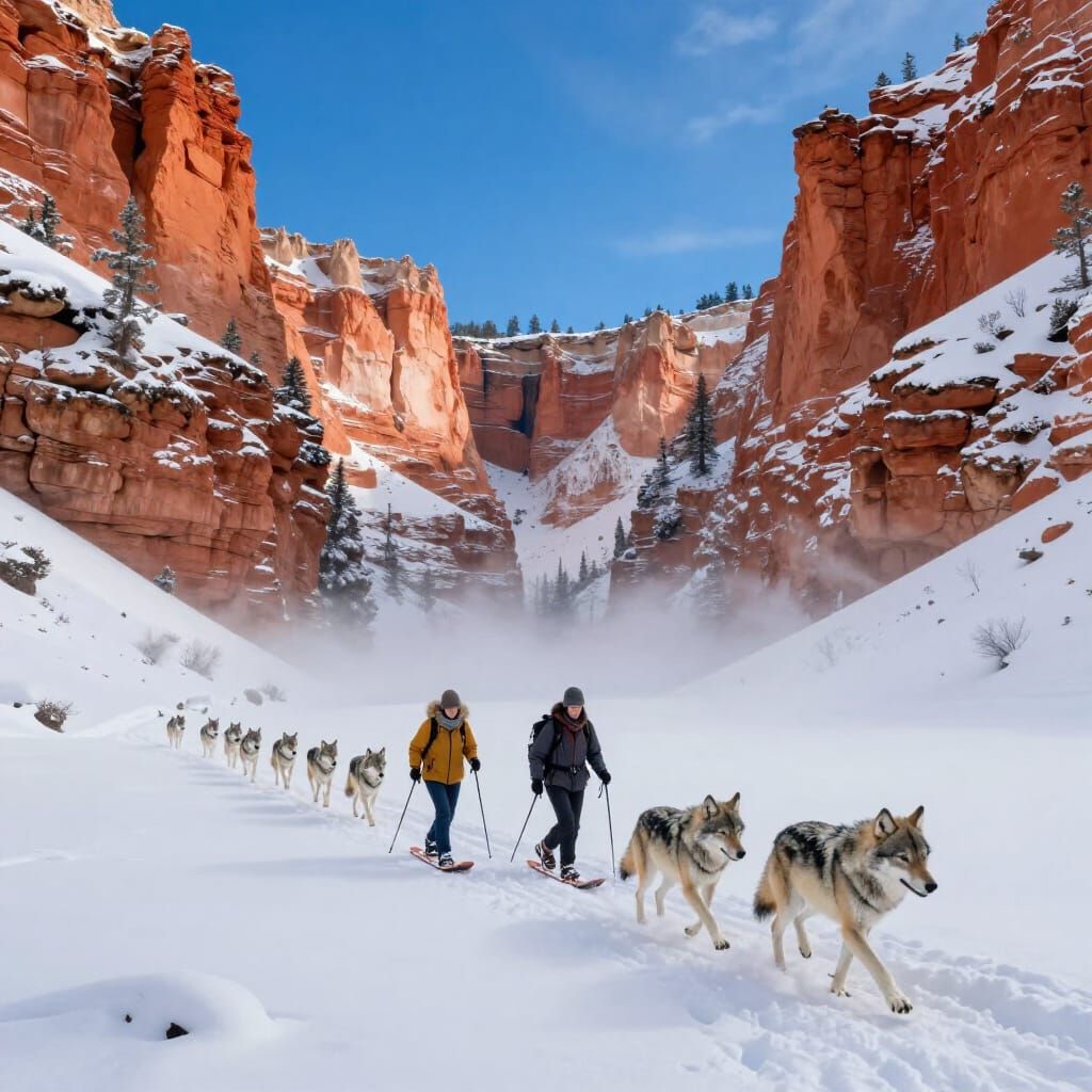 Wolves Race Past Snowshoers in New Mexico Landscape