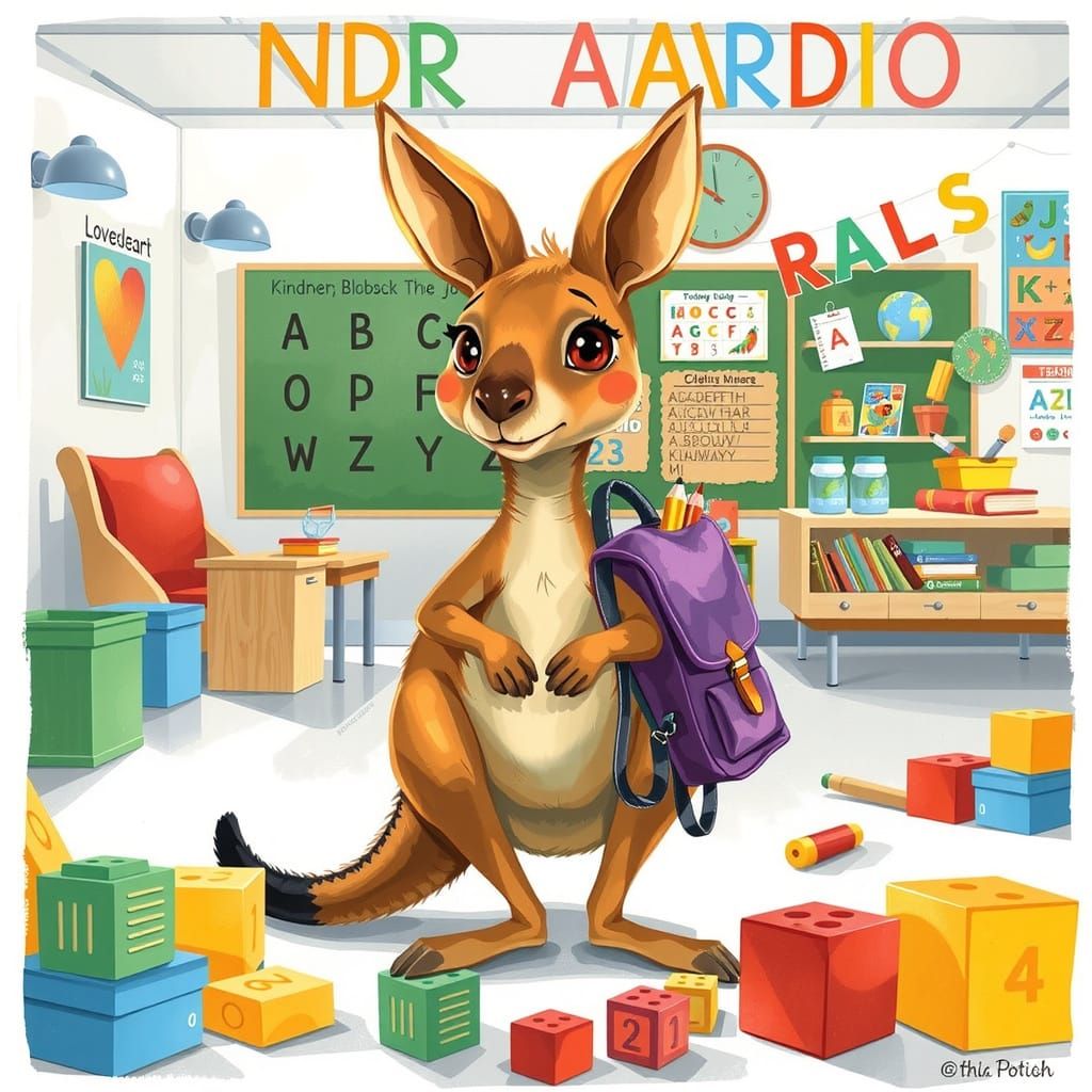 Whimsical Kangaroo Learns in a Colorful Kindergarten