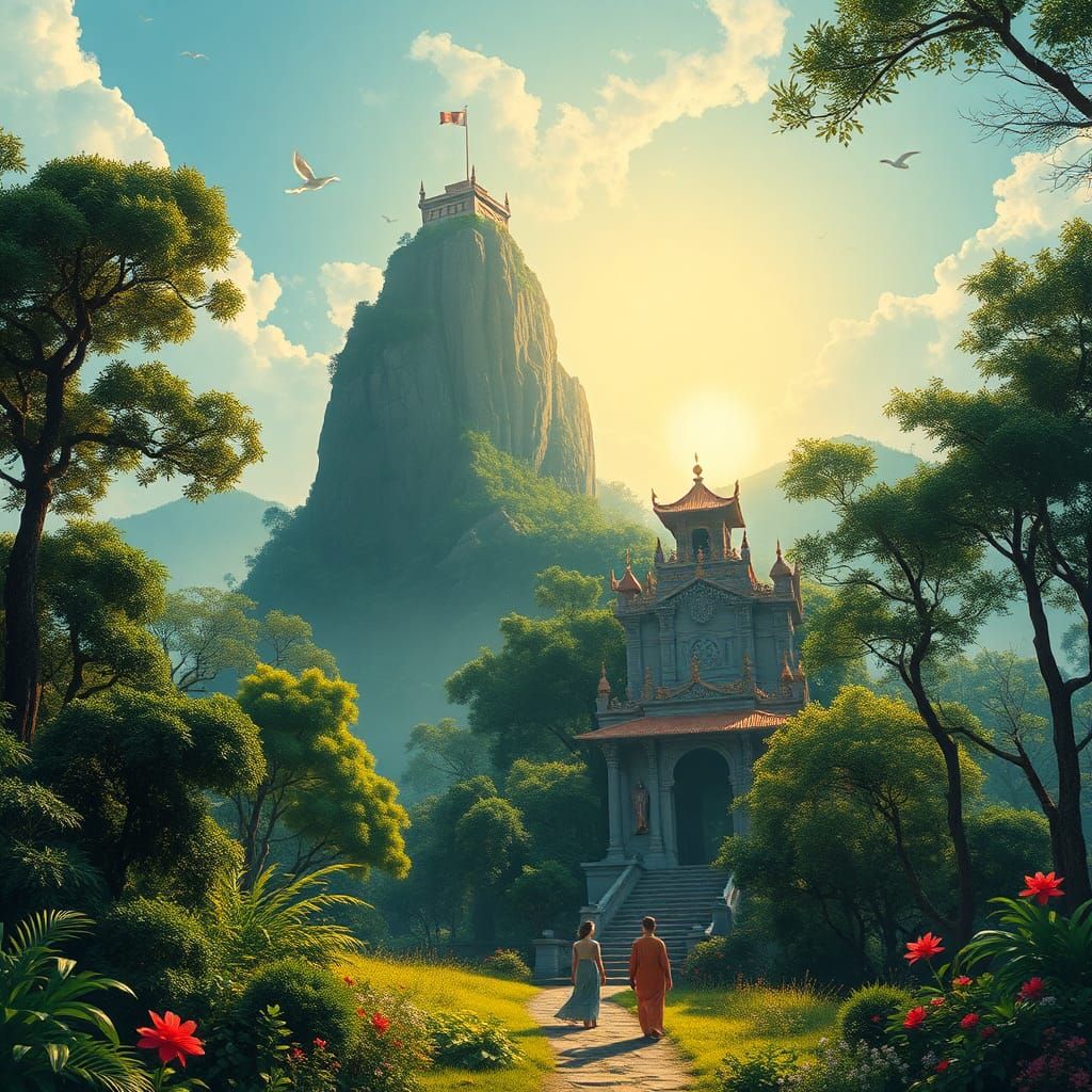Majestic Kingdom in Lush Forest, Fantasy Illustration