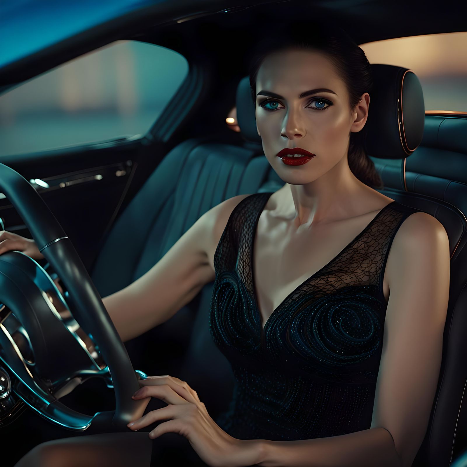 Elegant Woman in Mercedes at Night, Realistic High Resolutio...