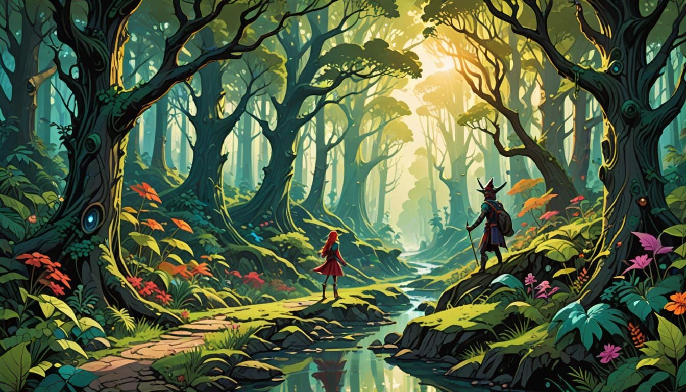 Vibrant Comic Book Fantasy Forest in Bold Lines and Colors