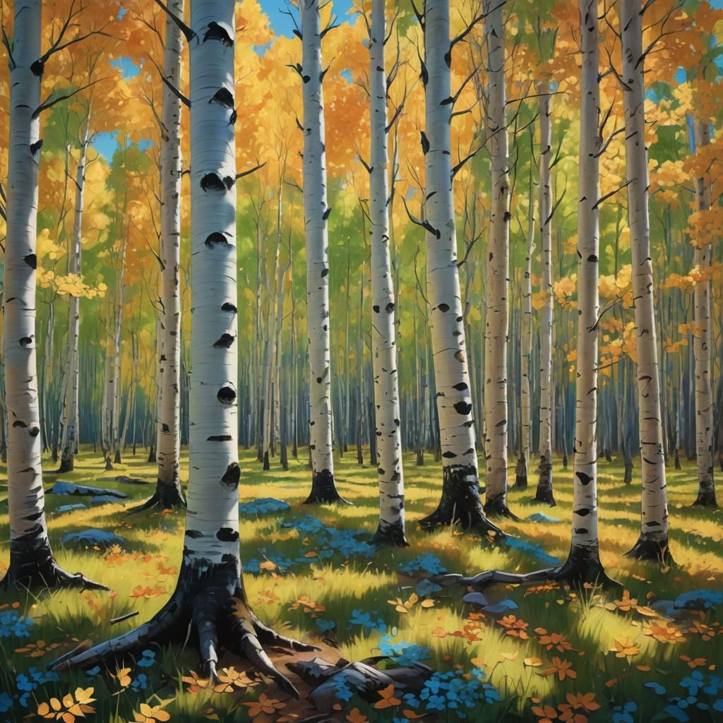 Aspen Forest by Meadow: Oil Painting in Golden Light