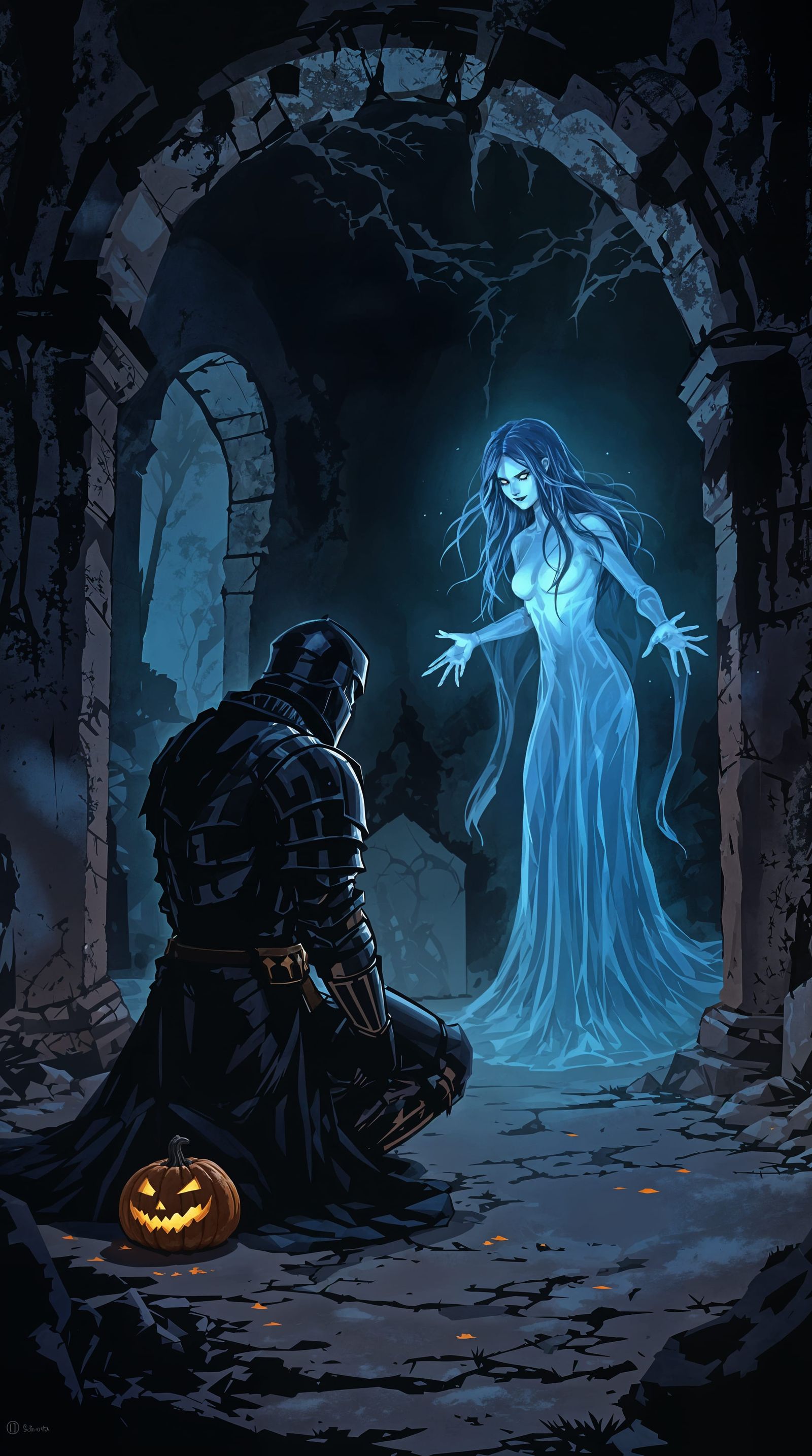 Gothic Knight Confronts Ethereal Specter in Graveyard Ruin