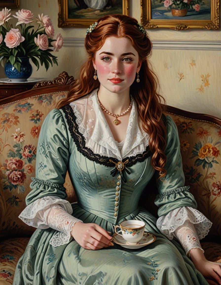 Victorian Woman Enjoying Tea as Impressionist Painting