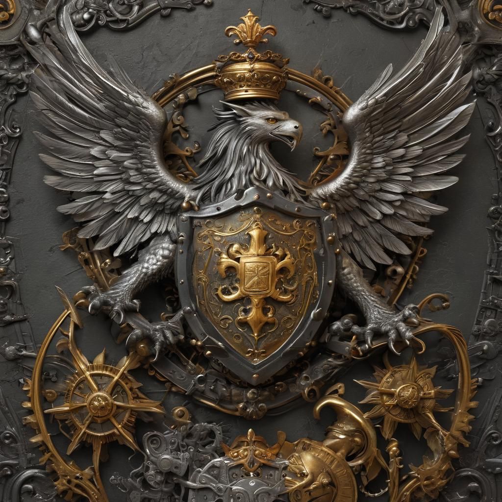 Steampunk Coat of Arms with Gryphons, Detailed Digital Art