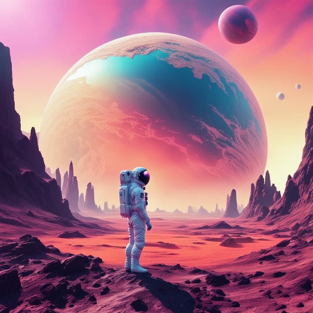 Futuristic Astronaut in Surreal Glitch Landscape