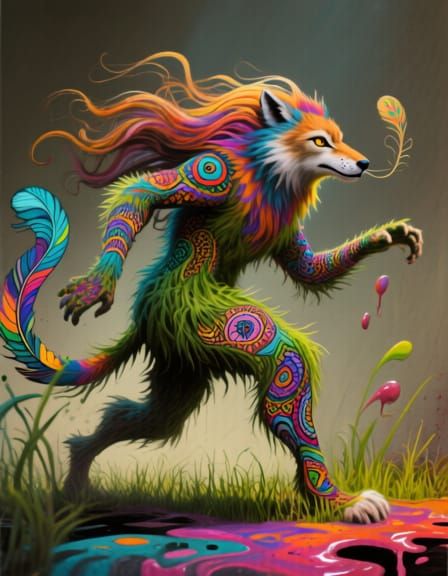 Vibrant Feathered Being in Surreal Graffiti Style