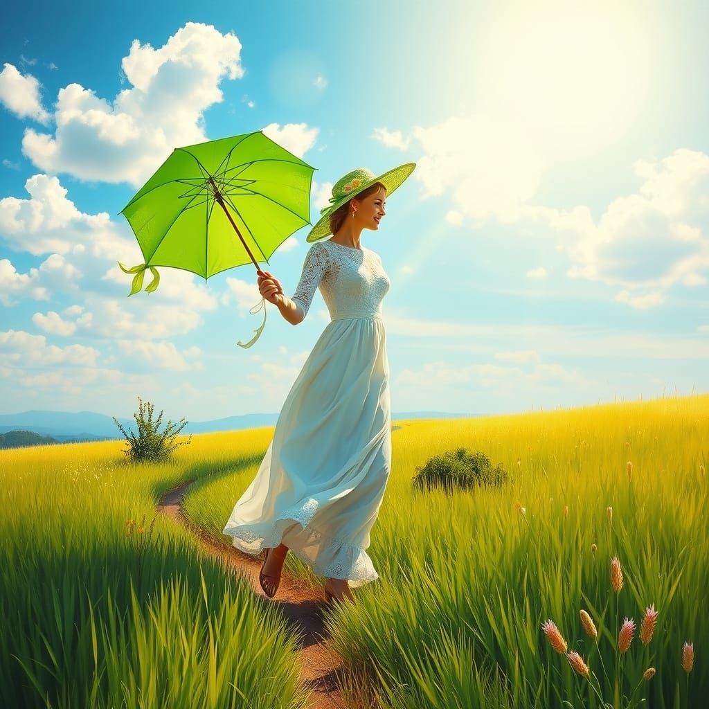 Woman Strolling Through Verdant Field in Photorealistic Pain...