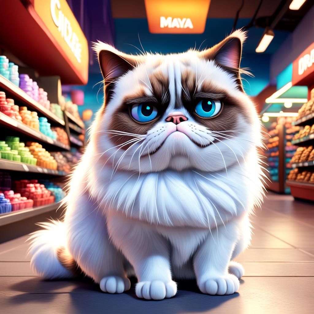 Fluffy White Grumpy Cat in 3D Style