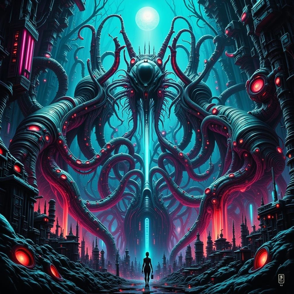 Epic Biopunk City with Neon and Organic Tech