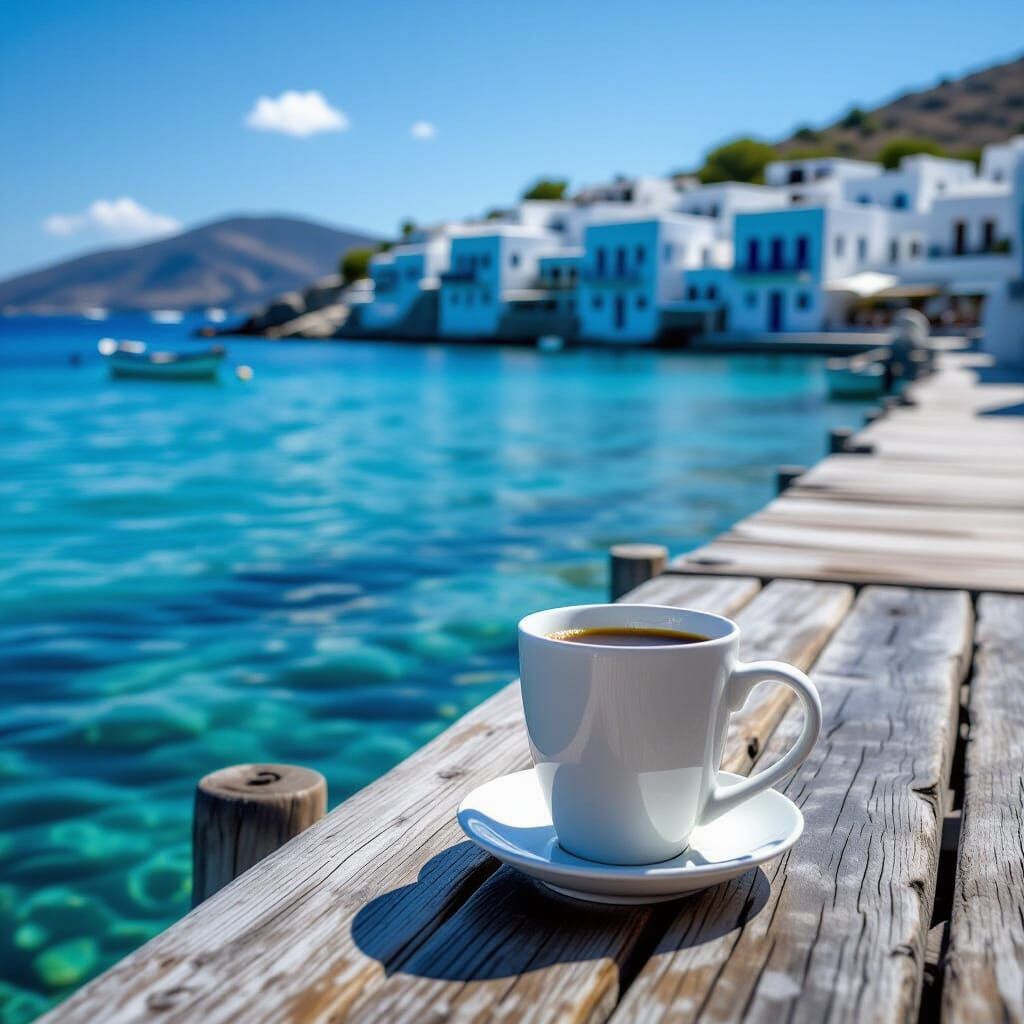 Coffee Mug Overlooking Turquoise Water in Greece