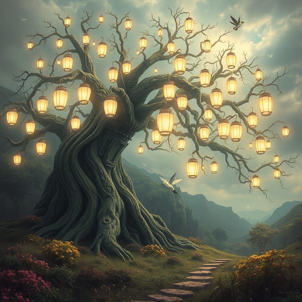 Dreamlike Motherboard Tree with Ethereal Lanterns