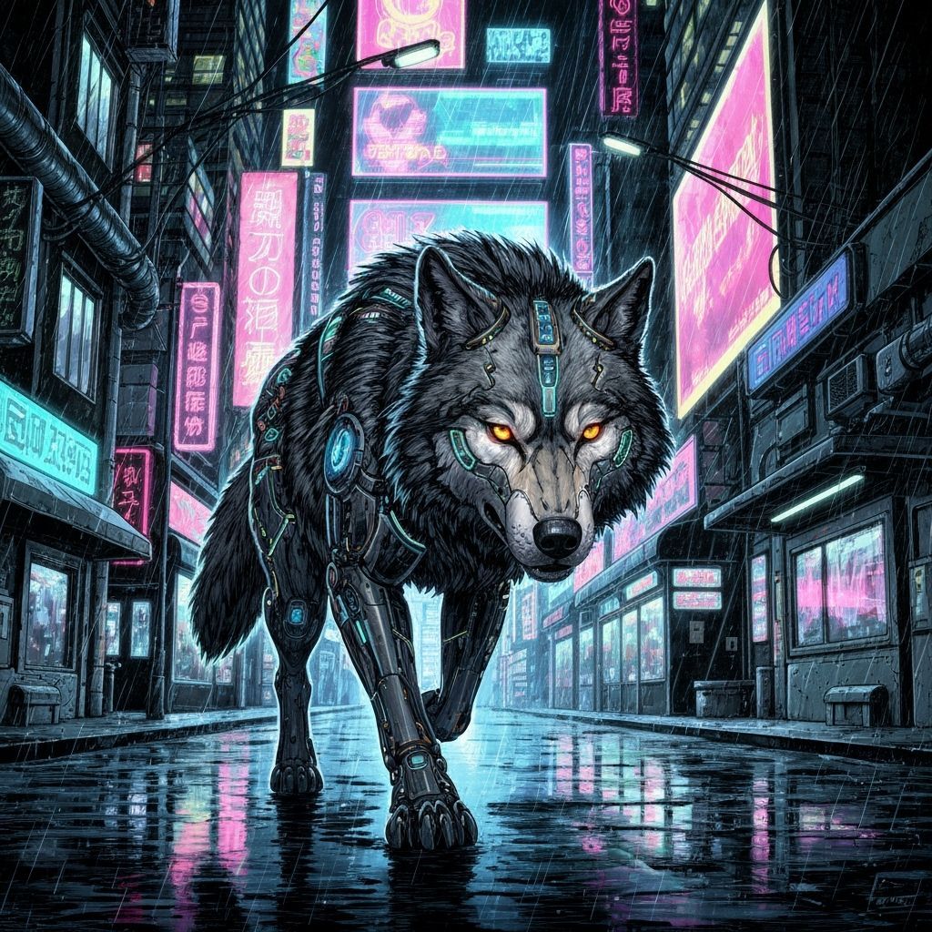 Cybernetic Wolf in Neon Retro Cityscape