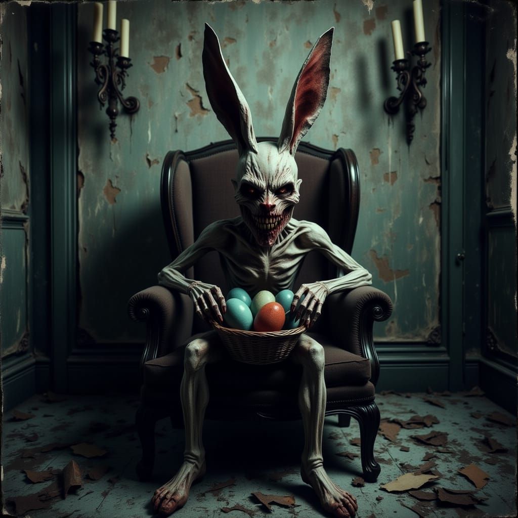 Distorted Easter Bunny in a Haunting, Abandoned Room