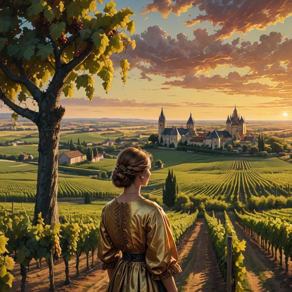 Golden Sunset Over Bordeaux Vineyards, Oil Painting