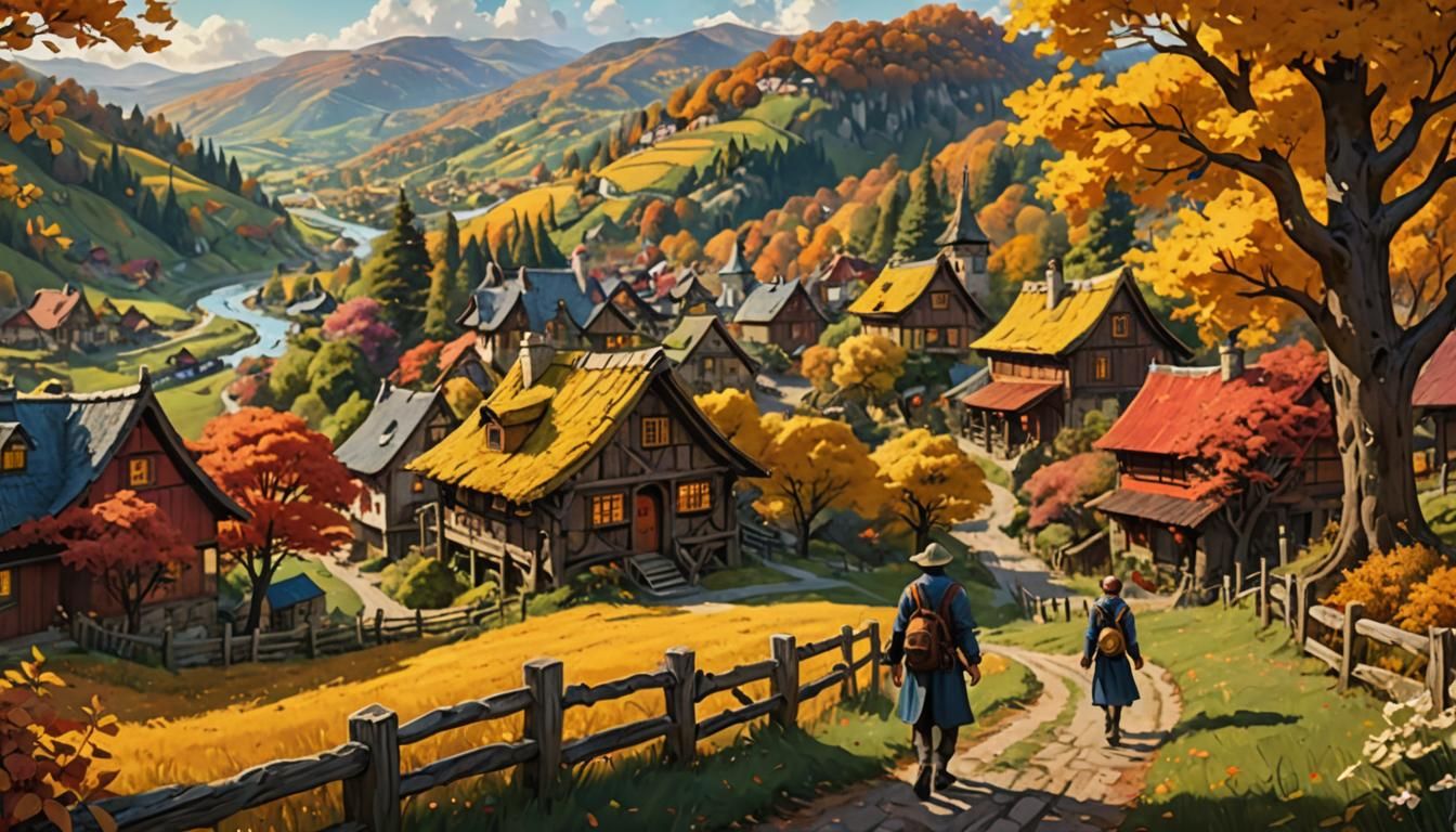 Quaint Village Scene in Autumnal Fantasy Style