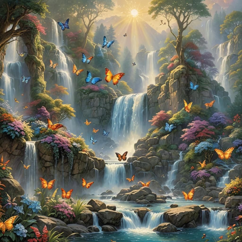 Ethereal Sunlit Waterfall Fantasy Landscape