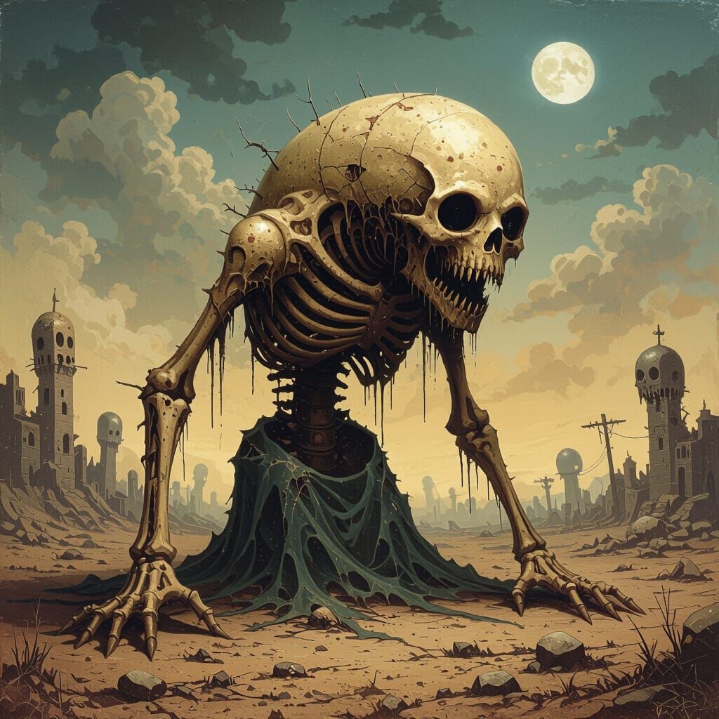 Eldritch Horror: Grotesque Monster in Dystopian Landscape