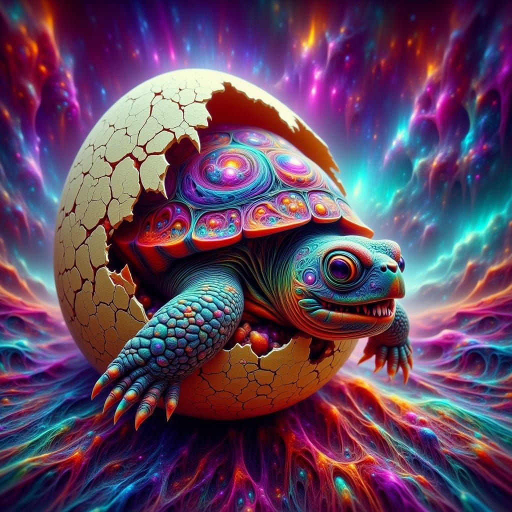 Surreal Hatchling Turtle with Luminous Fractals