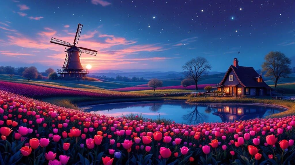 Tulip Fields Under Celestial Whispers