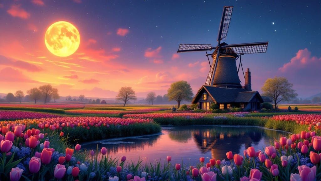 Surreal Dutch Countryside at Night with Tulips and Windmill