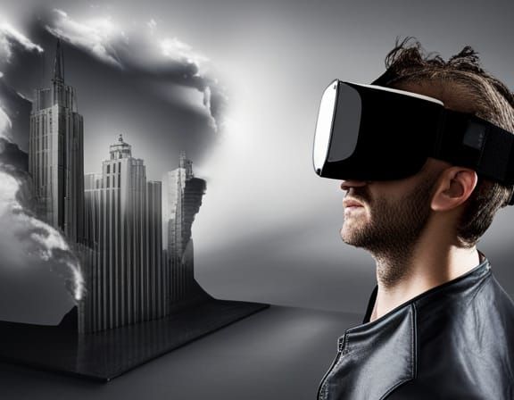 VR Goggles User Immersed in Surreal Virtual Reality