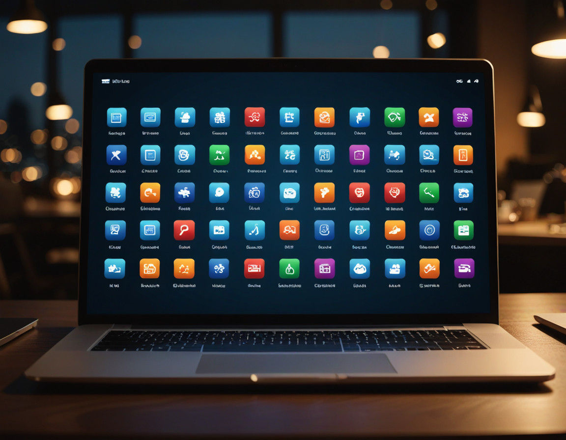 Sleek Laptop Screen with Glowing Business Icons