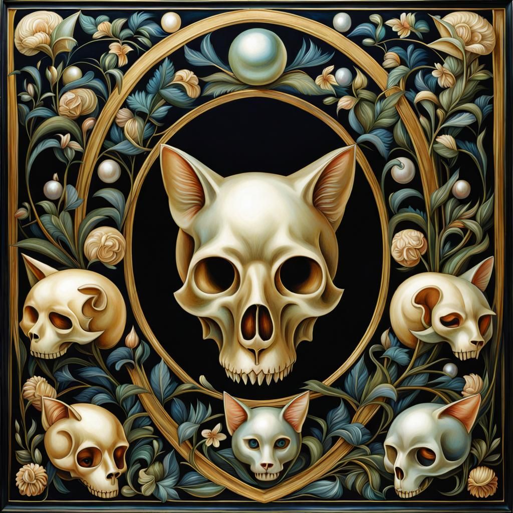 Gothic Pearlescent Skulls and Cats in Pre-Raphaelite Style
