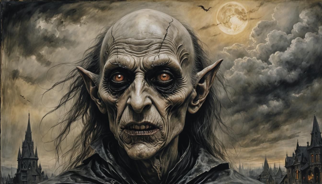 Nosferatu Head in Burning Sky: Hyperrealistic Encaustic Art