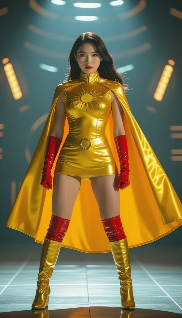 Chinese Superhero Solaraya in Golden Sun Lycra Uniform