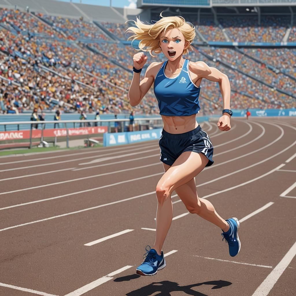 Enthusiastic Anime Athlete Running on Stadium Track
