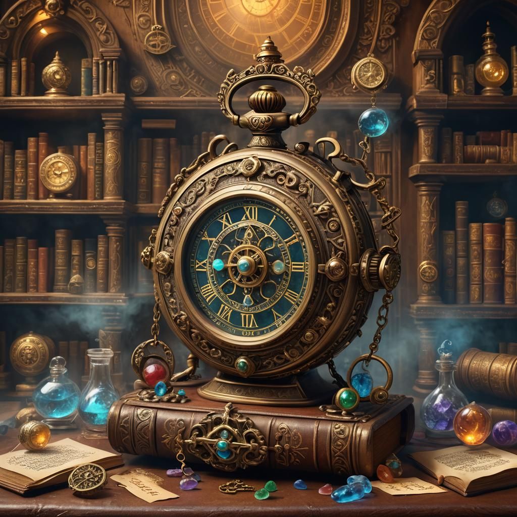 Ornate Stopwatch in Mystical Bottle on Baroque Shelf