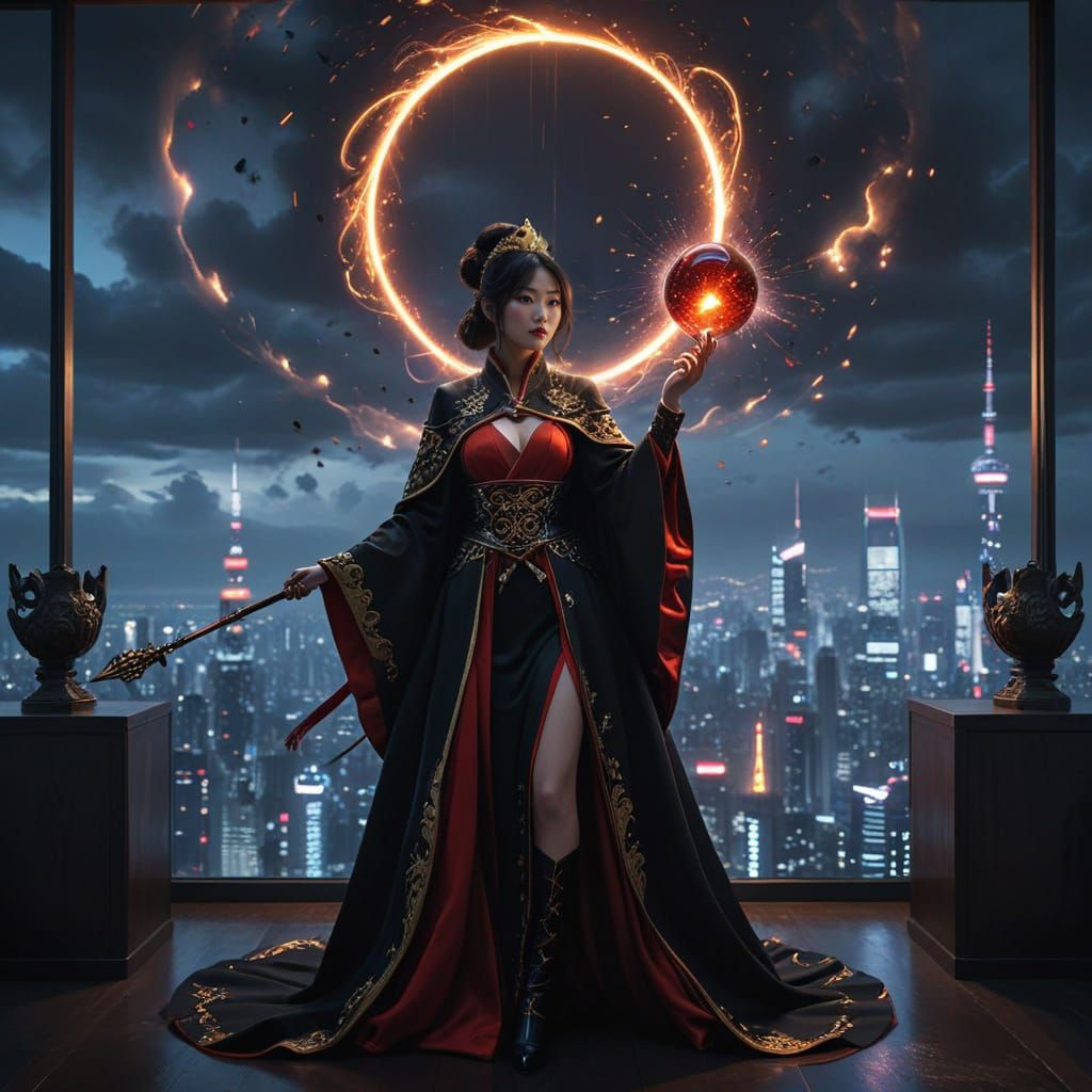 Japanese Sorceress in Neon Fantasy Landscape