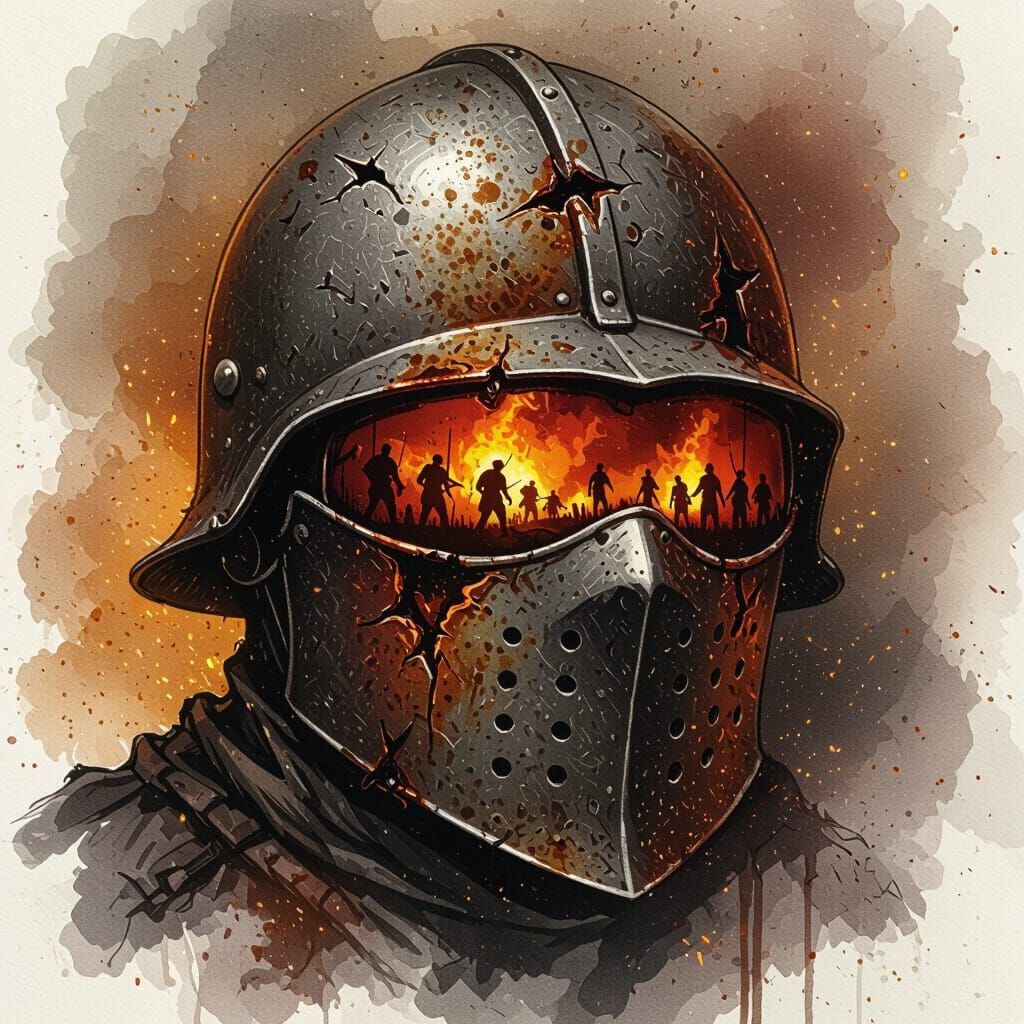 Charred Battle Helmet Close-up with Battlefield Reflection