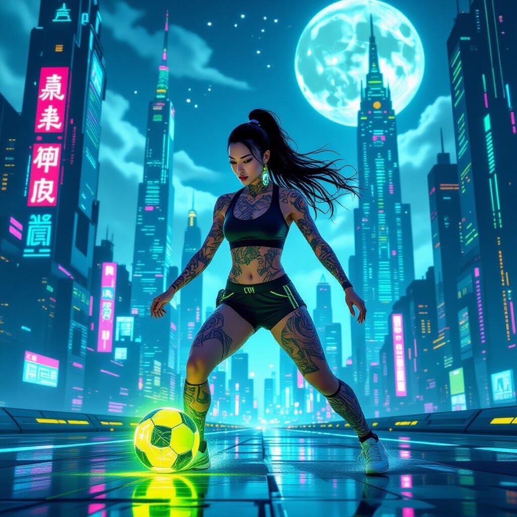 Asian Woman Dribbles Neon Ball in Futuristic Lunar Cityscape