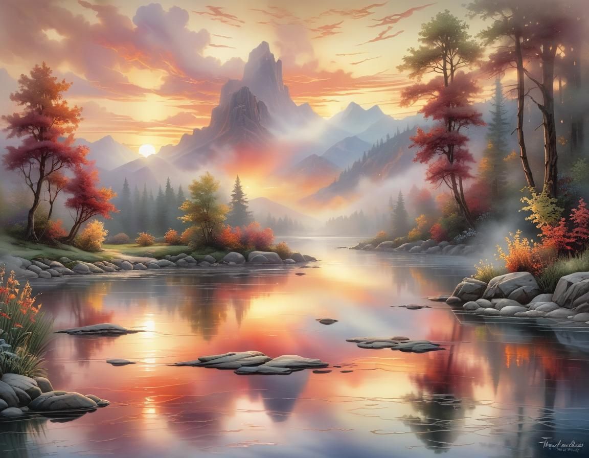 Stained-Glass Sunrise Over River Art