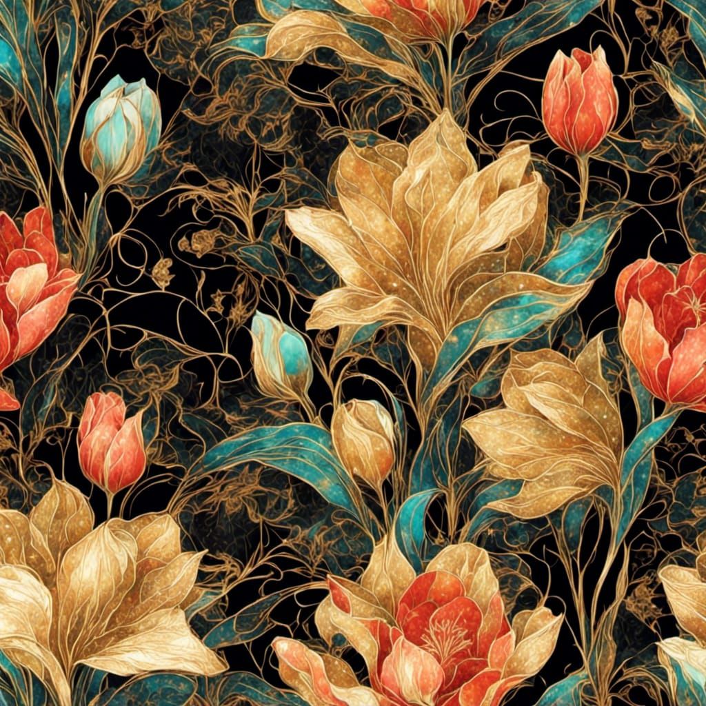 Art Nouveau Tulips with Gold Filigree Frame