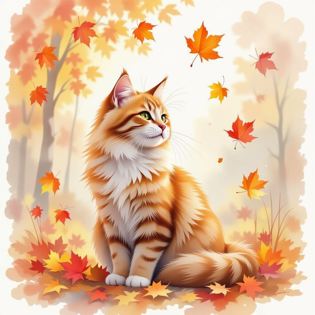Graceful Cat Amidst Autumn Leaves Watercolor Painting