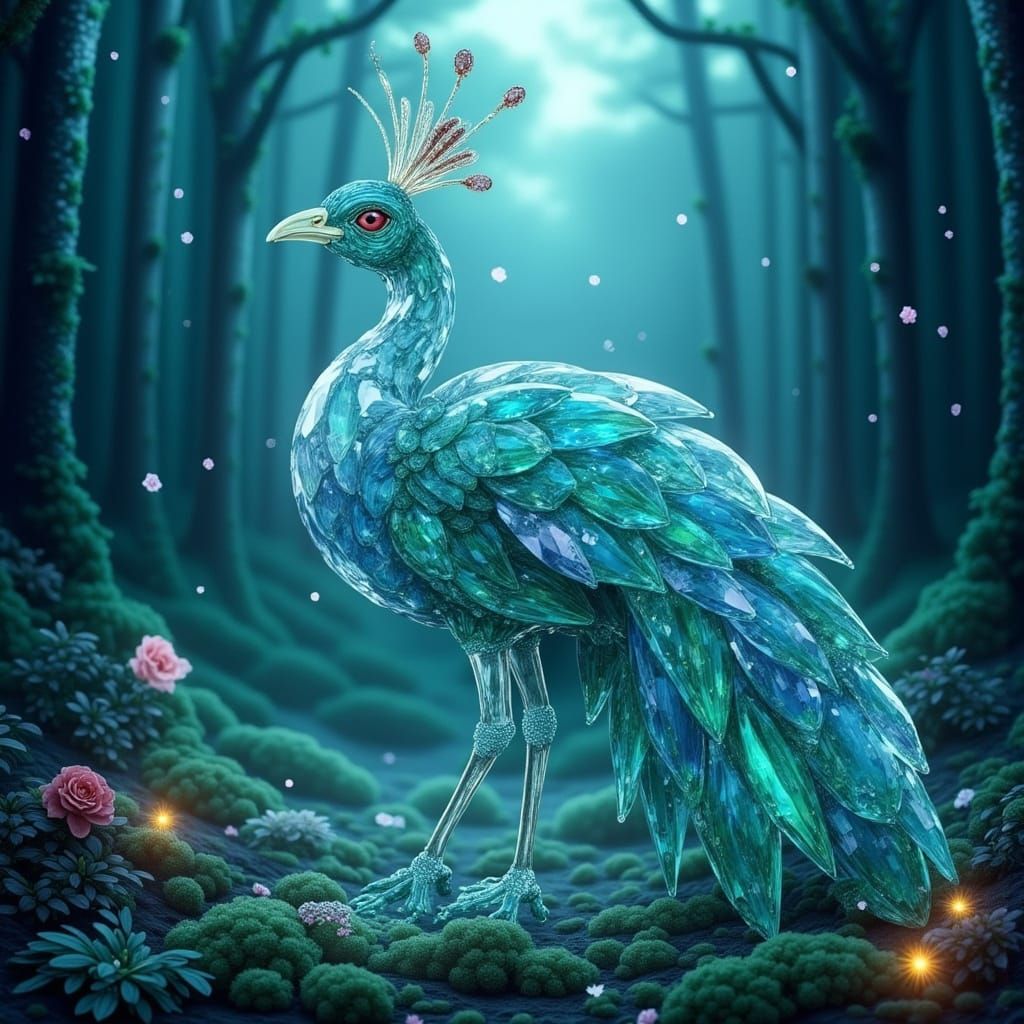 Mystical Crystal Peacock in Dreamlike Illustration Style